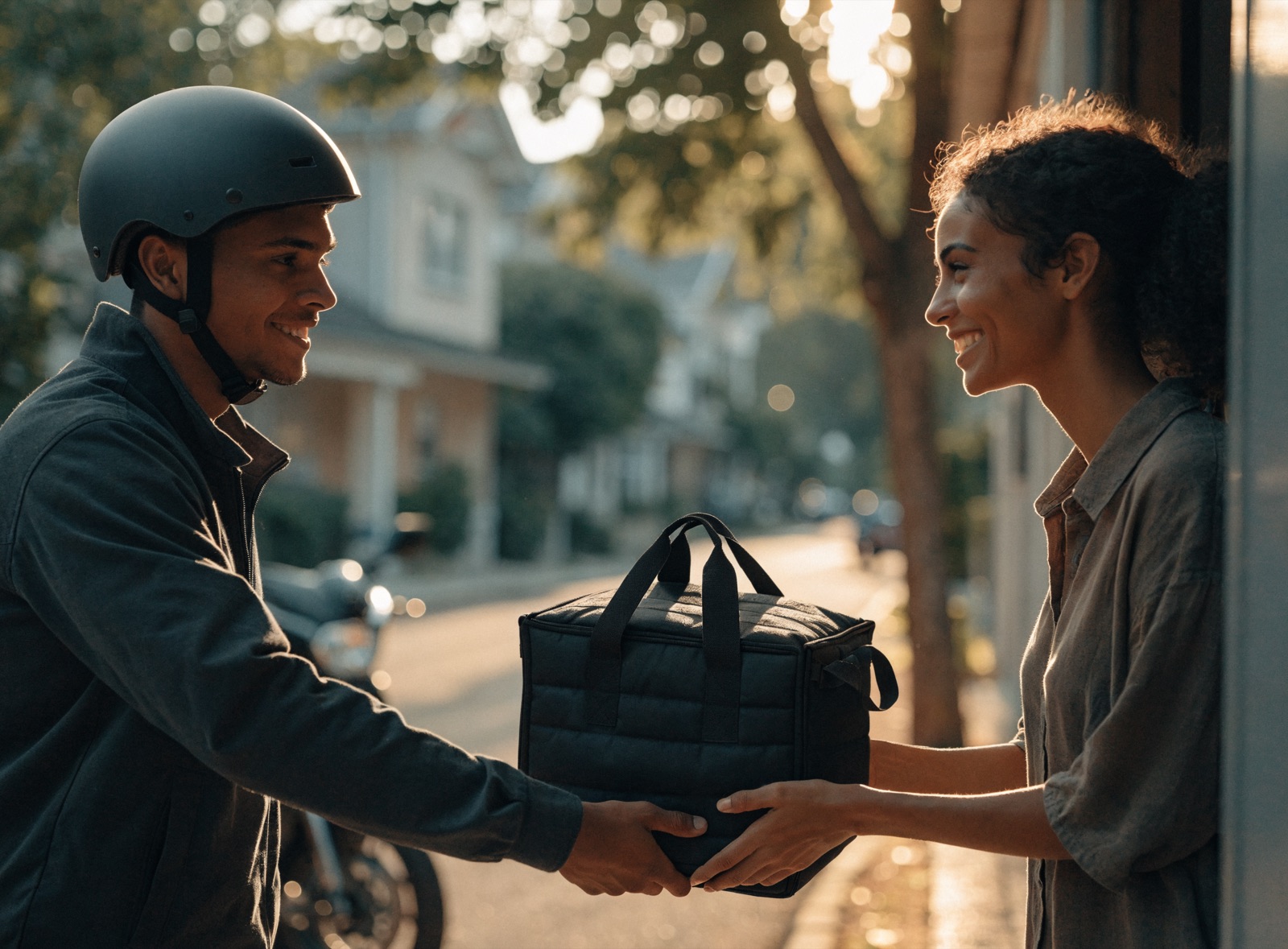 Entregador do 360giro entregando o pedido na porta, sorrindo para a cliente