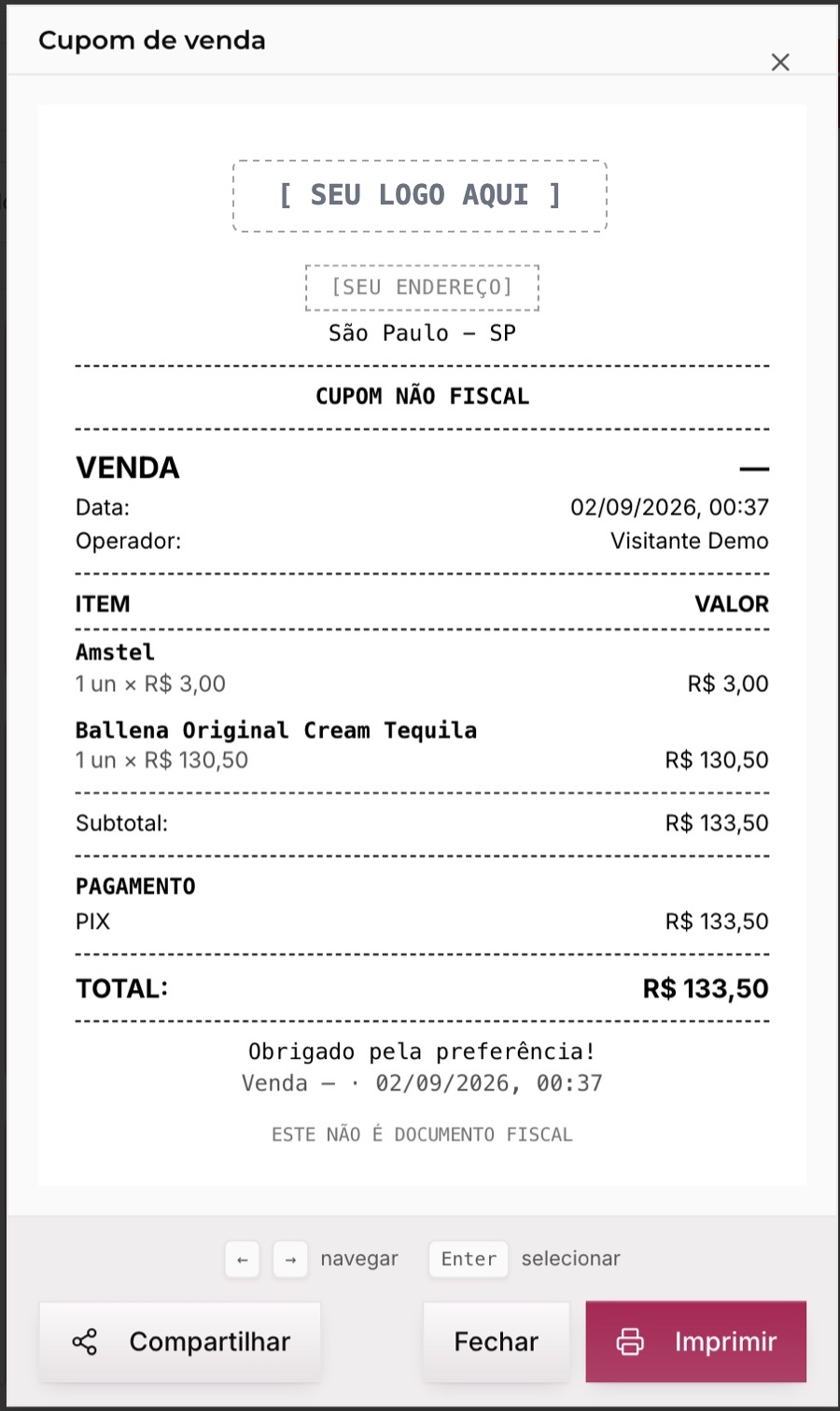 Comprovante de venda do 360giro, com o espaço do logo e do endereço da loja, os itens e o total