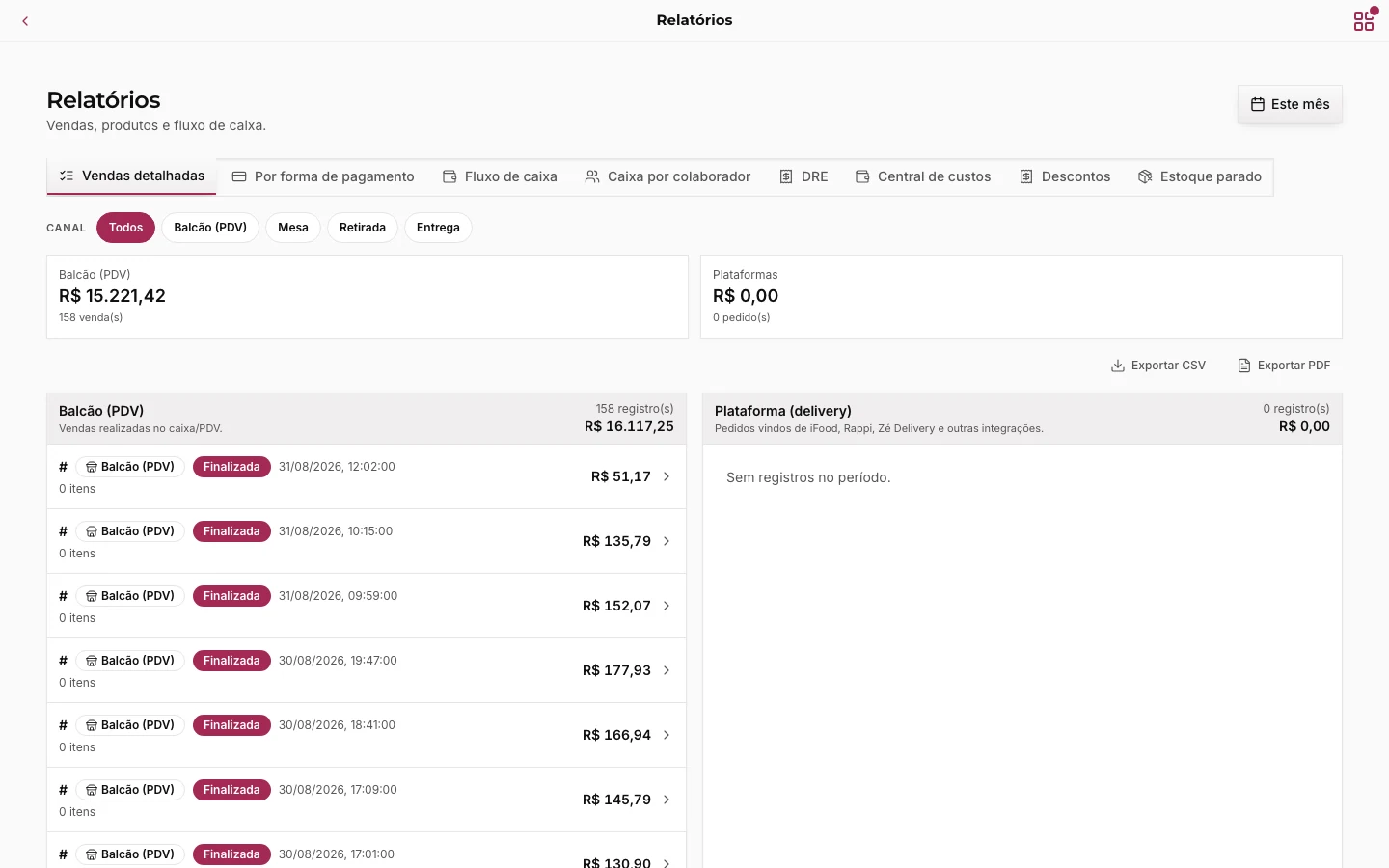 Tela de relatórios do 360giro, com a aba de DRE